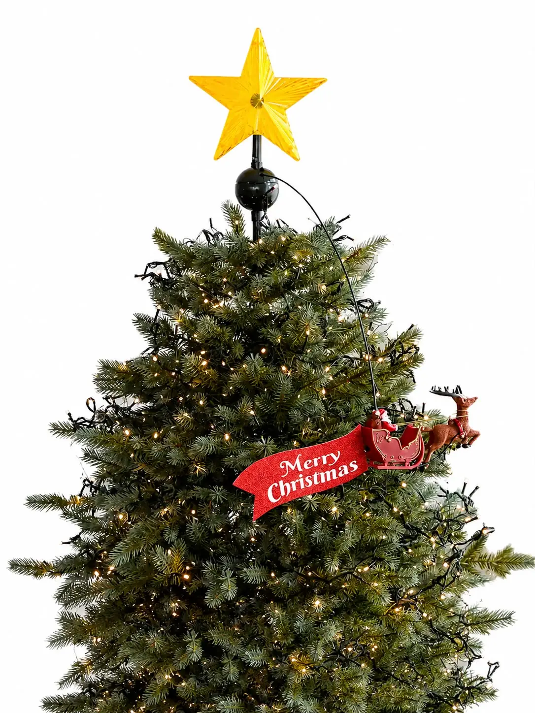 IMG_8128 (1) LED Rotating Christmas Tree Topper Star with Flying Santa & Reindeer, Motorized Holiday Tree Top Decoration - Image 1