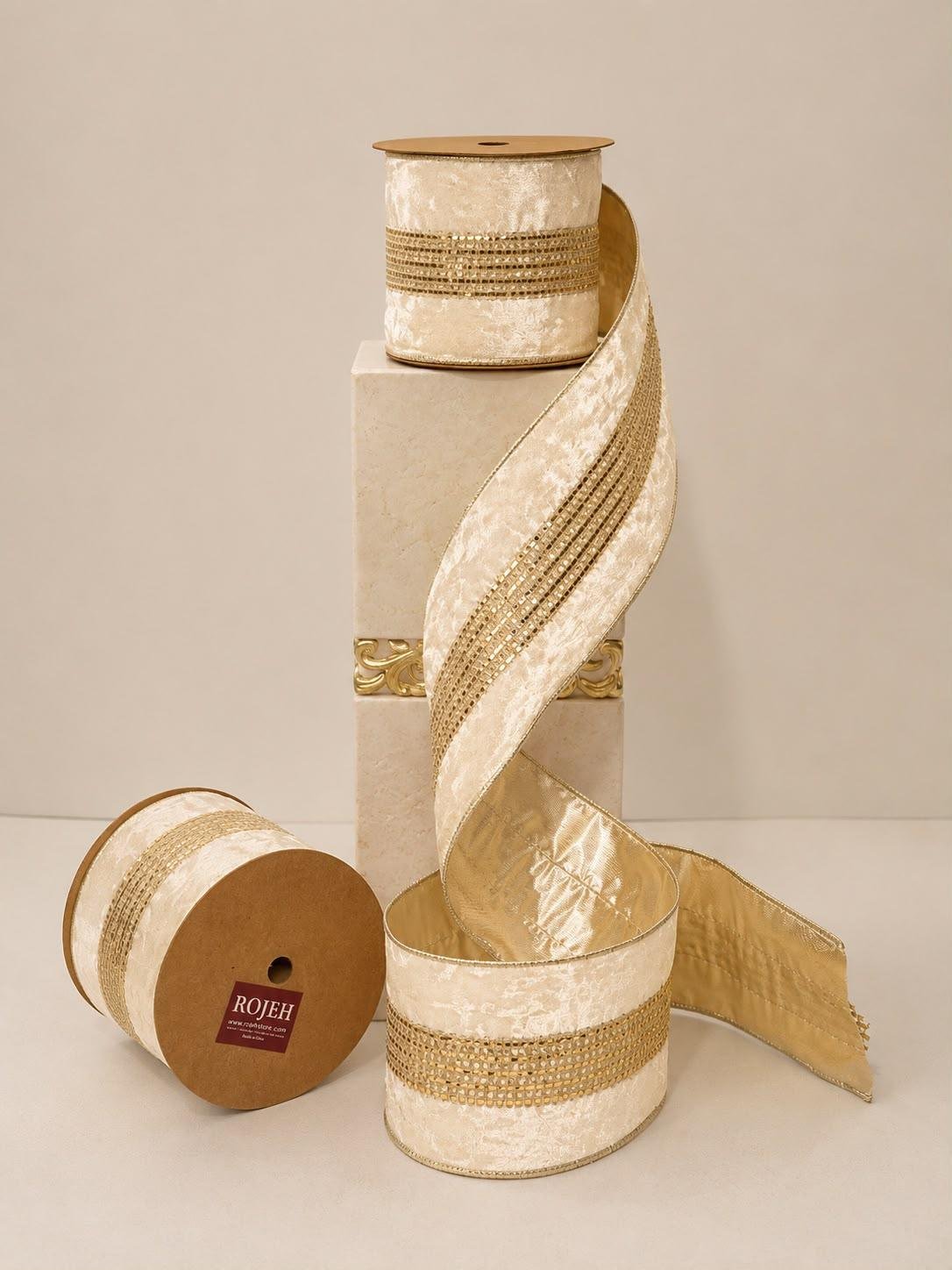 WhatsApp Image 2026-07-15 at 3.32.09 PM Make your Christmas tree look amazing this year with our premium ribbons, available only at ROJEH Store. These ribbons are made with high-quality fabric and have flexible wired edges, making it very easy for you to shape perfect bows and decorations that stay in place. These are the best Christmas ribbons in Jordan for quality and style. You can find all your Christmas trees, ornaments, and holiday decor at ROJEH Store in Amman & Fuheis, Jordan