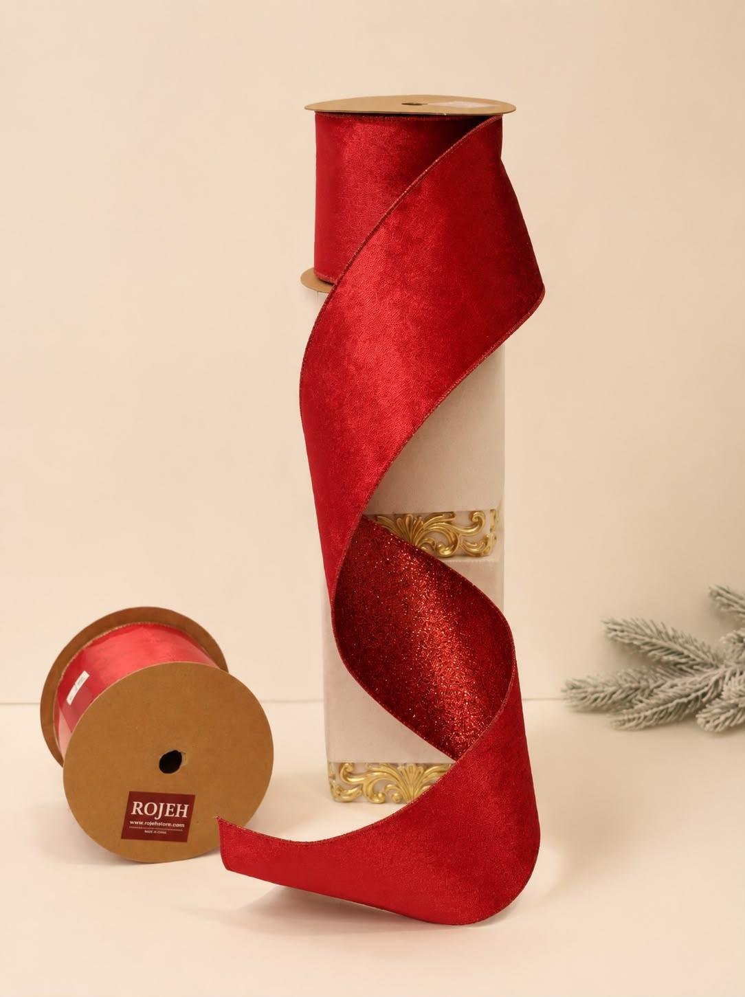 WhatsApp Image 2026-07-15 at 3.32.10 PM (5) Make your Christmas tree look amazing this year with our premium ribbons, available only at ROJEH Store. These ribbons are made with high-quality fabric and have flexible wired edges, making it very easy for you to shape perfect bows and decorations that stay in place. These are the best Christmas ribbons in Jordan for quality and style. You can find all your Christmas trees, ornaments, and holiday decor at ROJEH Store in Amman & Fuheis, Jordan.