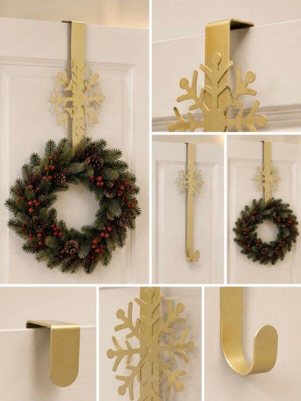 Display your favorite wreaths and seasonal decorations with this over-the-door wreath hanger. Designed to provide a simple and secure hanging solution without nails or tools, it is perfect for adding a festive touch to entry doors throughout the holiday season. Its durable metal construction and elegant design make it a practical accessory that can be reused year after year.