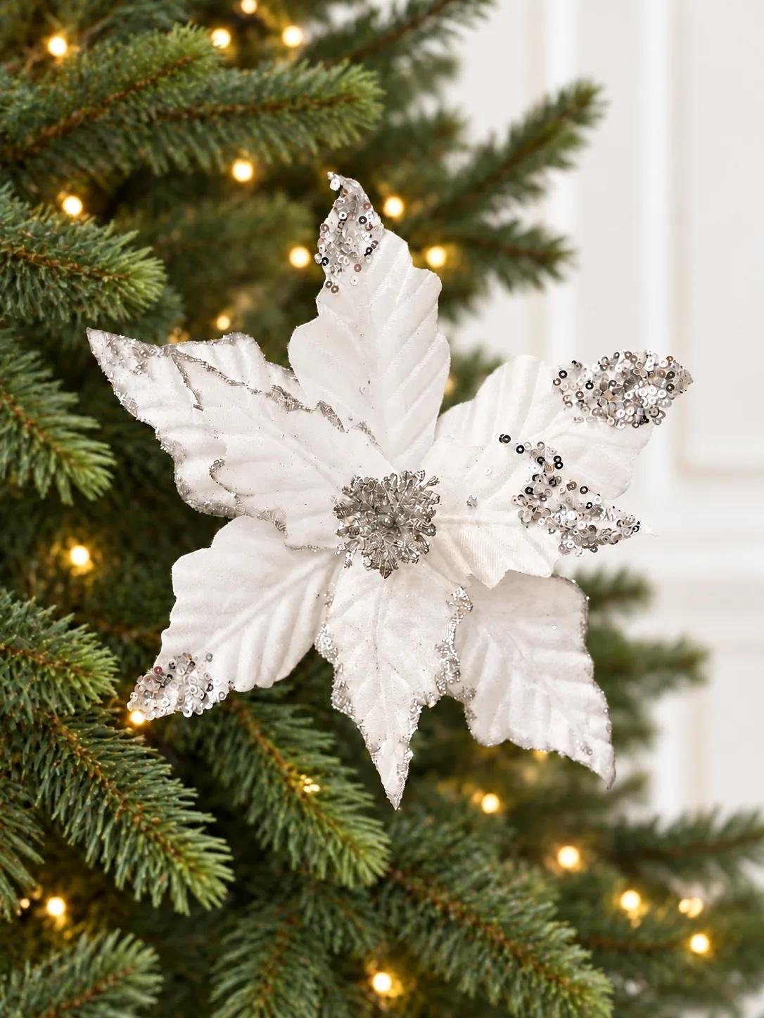 img_8224 White & Silver Poinsettia Christmas Flower Pick - الصورة 1