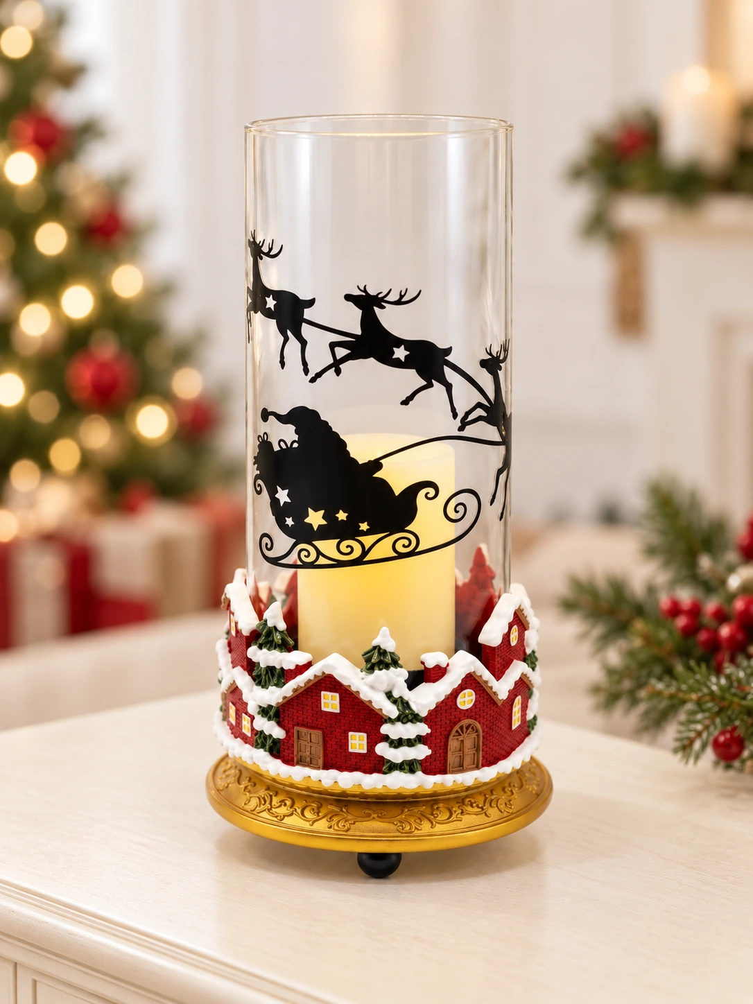 IMG_8079 Christmas Glass Hurricane Candle Holder With Polyresin Village Base - Image 1
