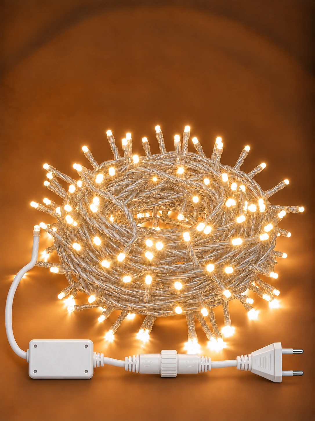 clear-wire-warm-lights-white-connectors-web Steady-Water Resistant-15 Meters – 200 Warm White LED Lights-Thick Clear Wire - Image 1