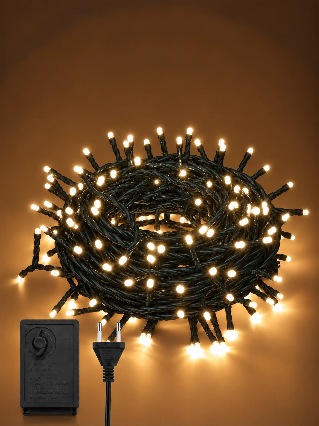 twisted-wire-warm-lights-web 15 Meters – 200 Warm White LED Lights-Thick Green Wire – 8 Modes - Image 1
