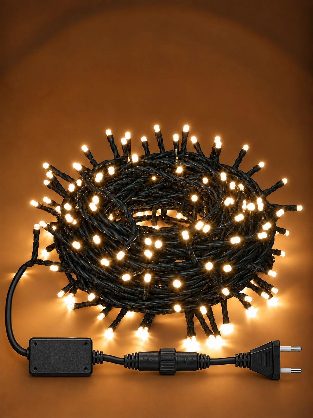 warm-lights-inline-connectors-web Steady-Water Resistant-15 Meters – 200 Warm White LED Lights-Thick Green Wire - الصورة 1